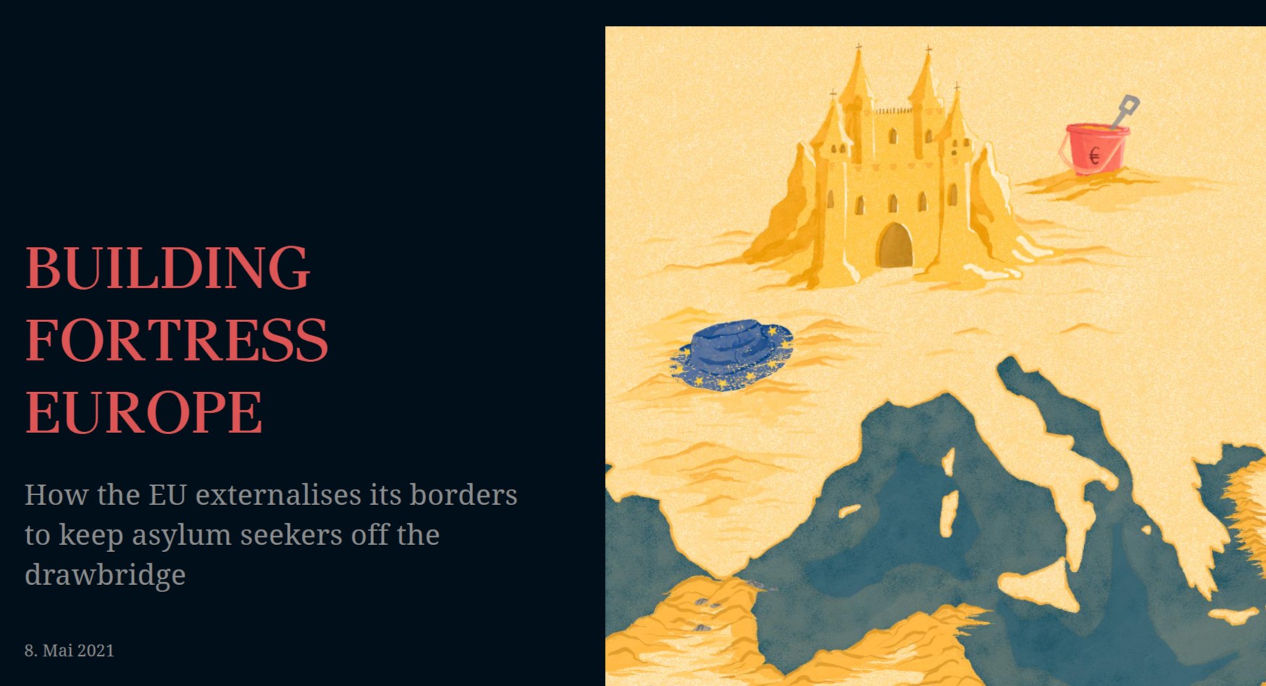 

                          Screenshot der Startseite der o.g. interaktiven Karte. Es ist eine Illustration einer Sandburg zu sehen, die auf dem europäischen Festland steht.

                          