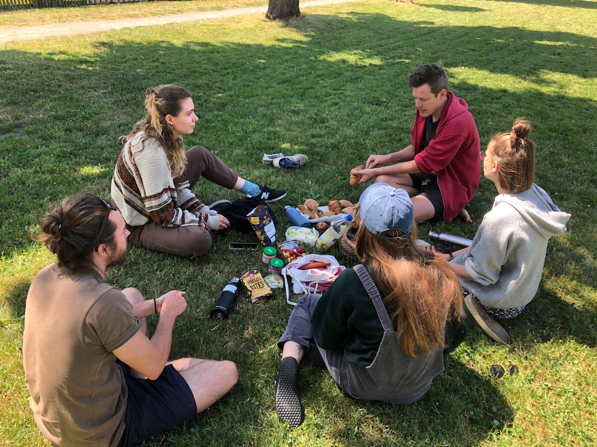 

                          Fünf weiße junge Menschen sitzen in einem Kreis auf einer Wiese und picknicken.

                          