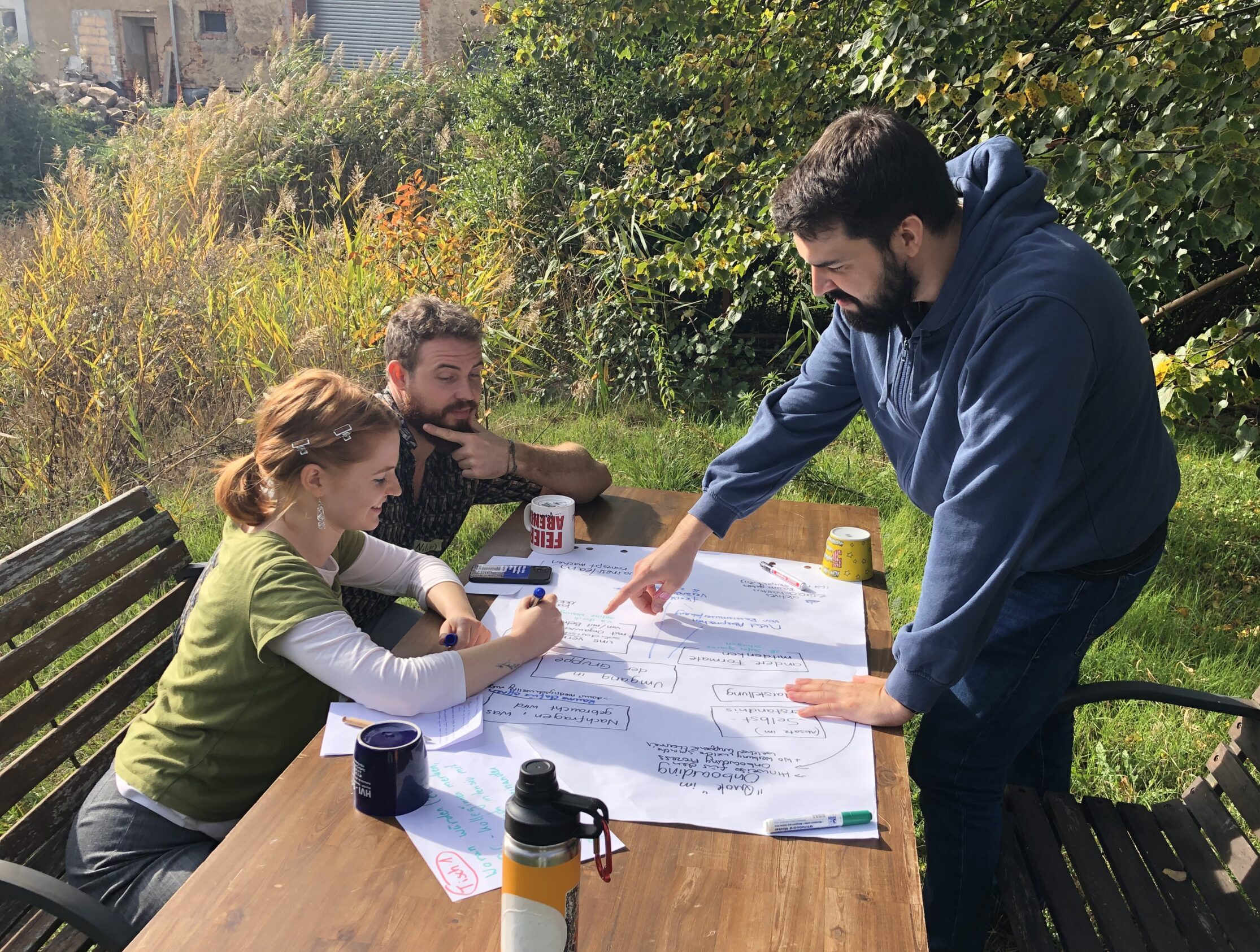 

                          Bild: Drei weiße junge Menschen sitzen und stehen um einen Tisch im Freien und arbeiten gemeinsam an einem Plakat.

                          