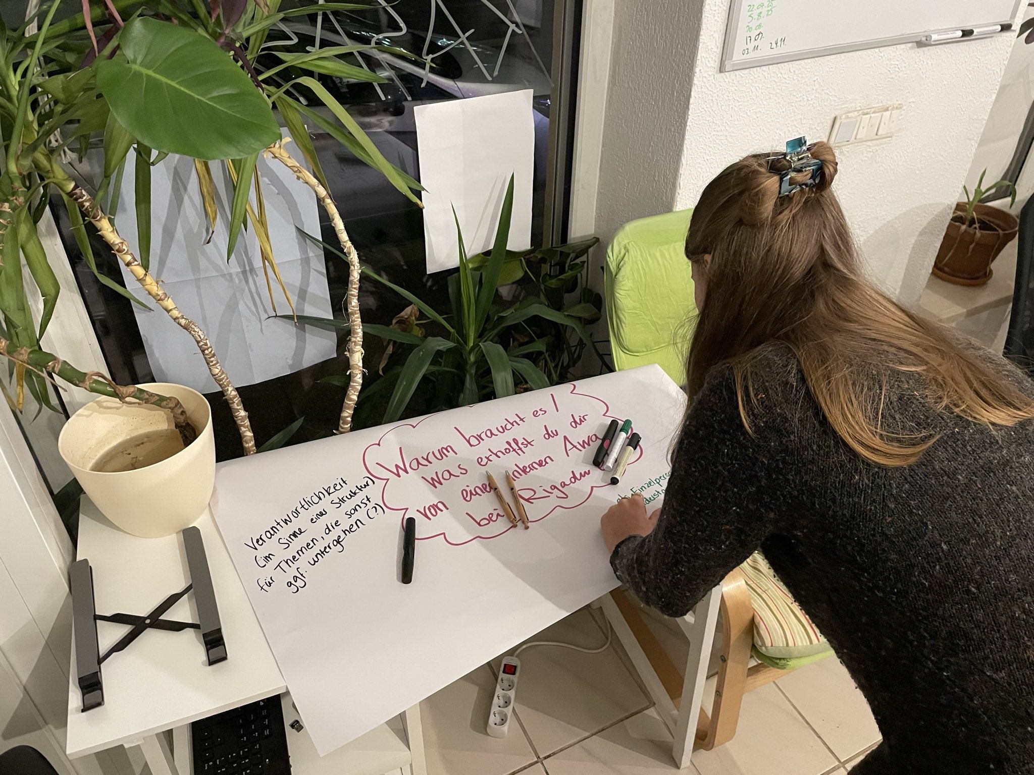 

                          Bild: Eine dunkelblonde Person schaut auf ein Plakat, das auf einem Tisch liegt. Auf dem Plakat werden Gedanken dazu gesammelt, was wir uns von einer Awareness-Struktur bei Rigardu erhoffen. 

                          