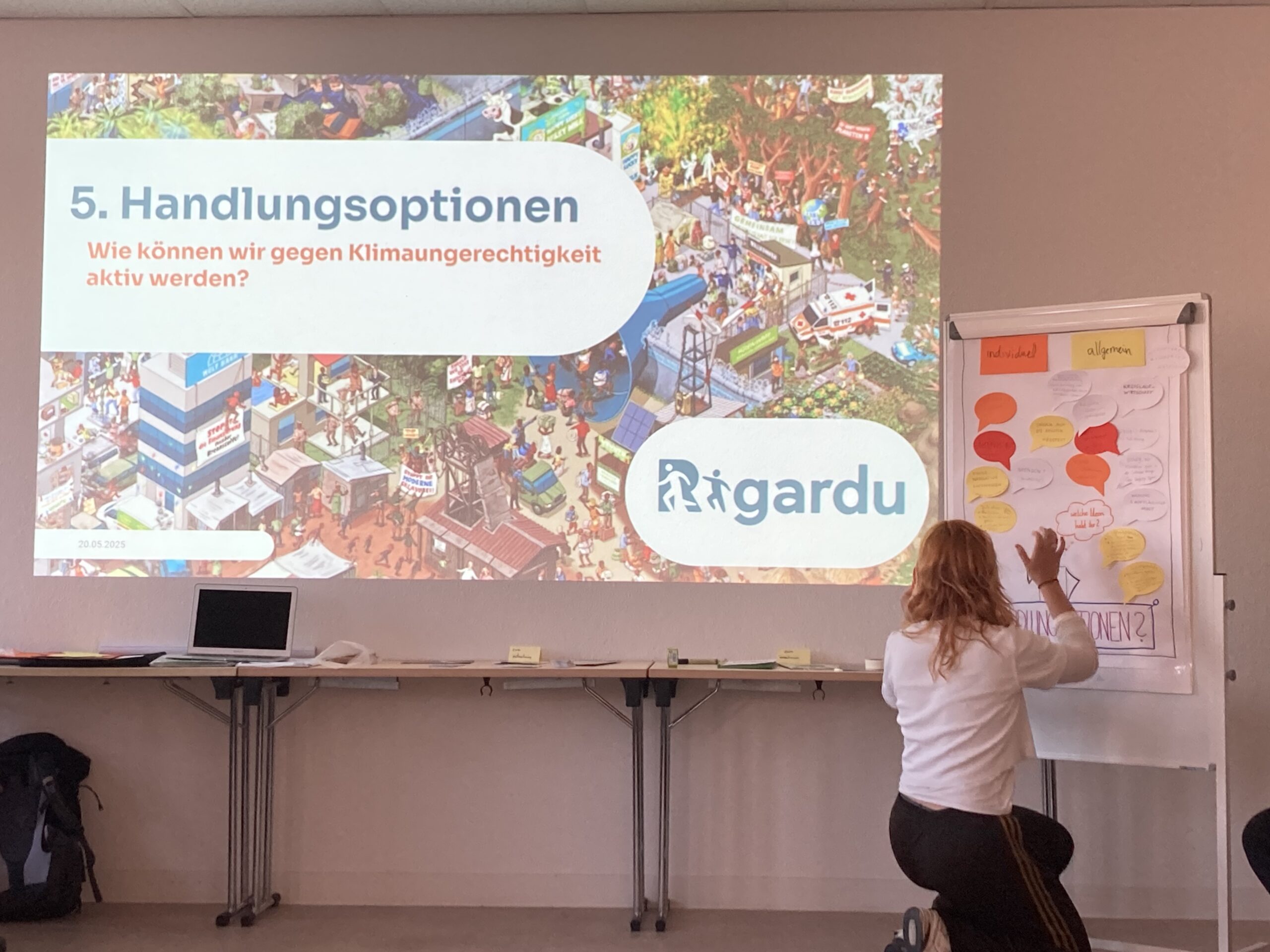 

                          Bild: Eine blonde Person kniet vor einer Flip-Chart. Links von ihr ist eine Power Point-Präsentation an die Wand geworfen.

                          